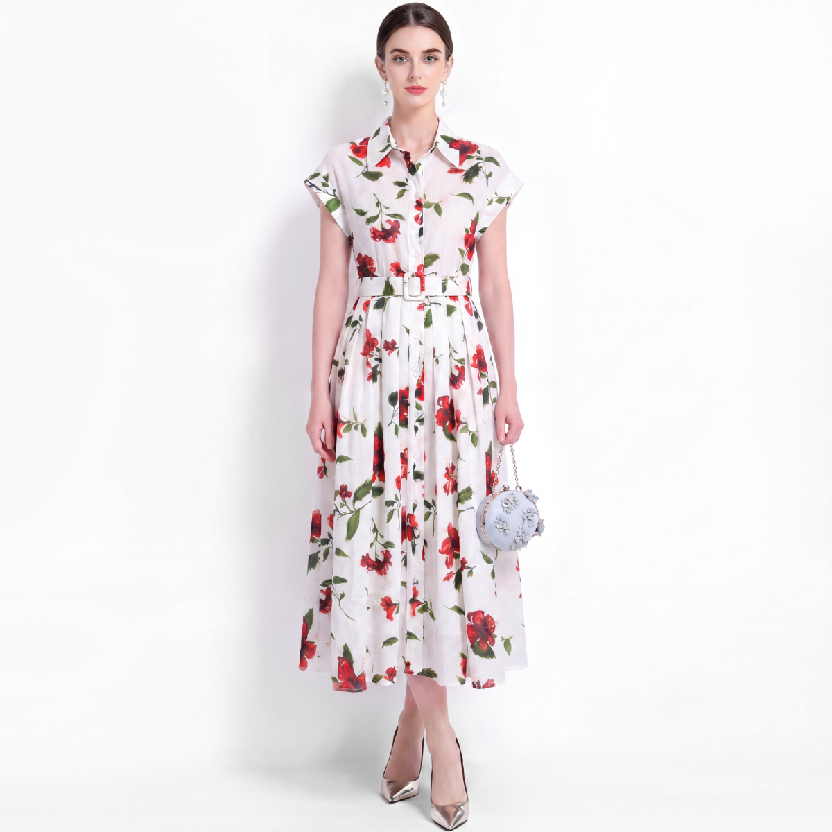 Vintage Collectible Buttons - Vestido Camisa Floral Elegante Manga Curta